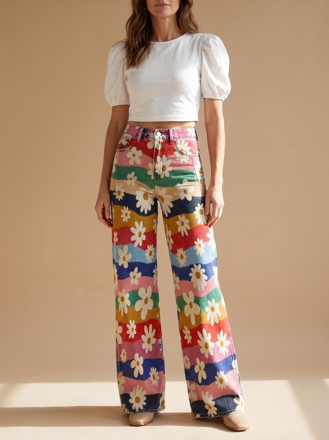 Women's High-Waist Wide-Leg Daisy Print Colourful Jeans