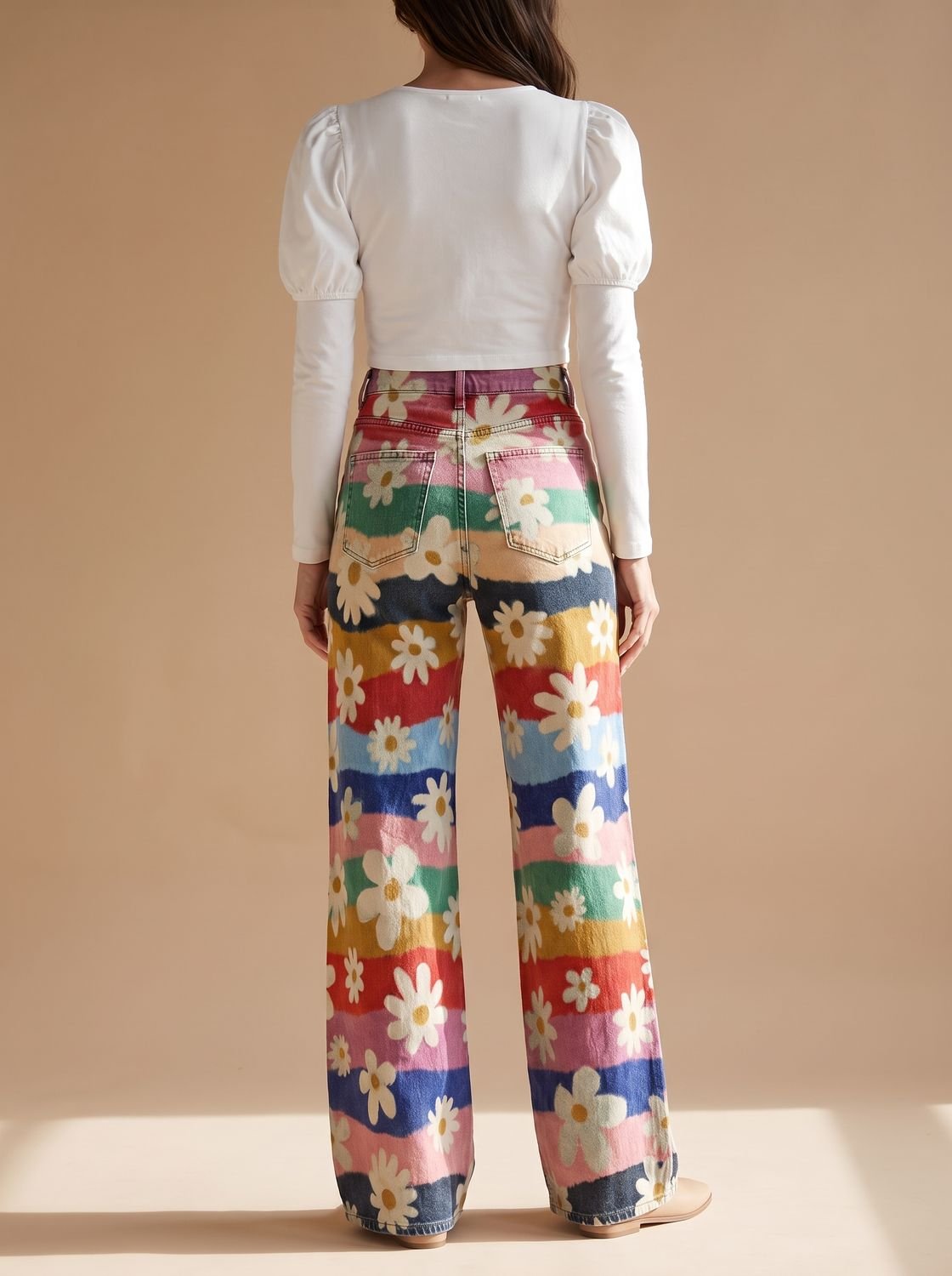 Women's High-Waist Wide-Leg Daisy Print Colourful Jeans - Multicolour