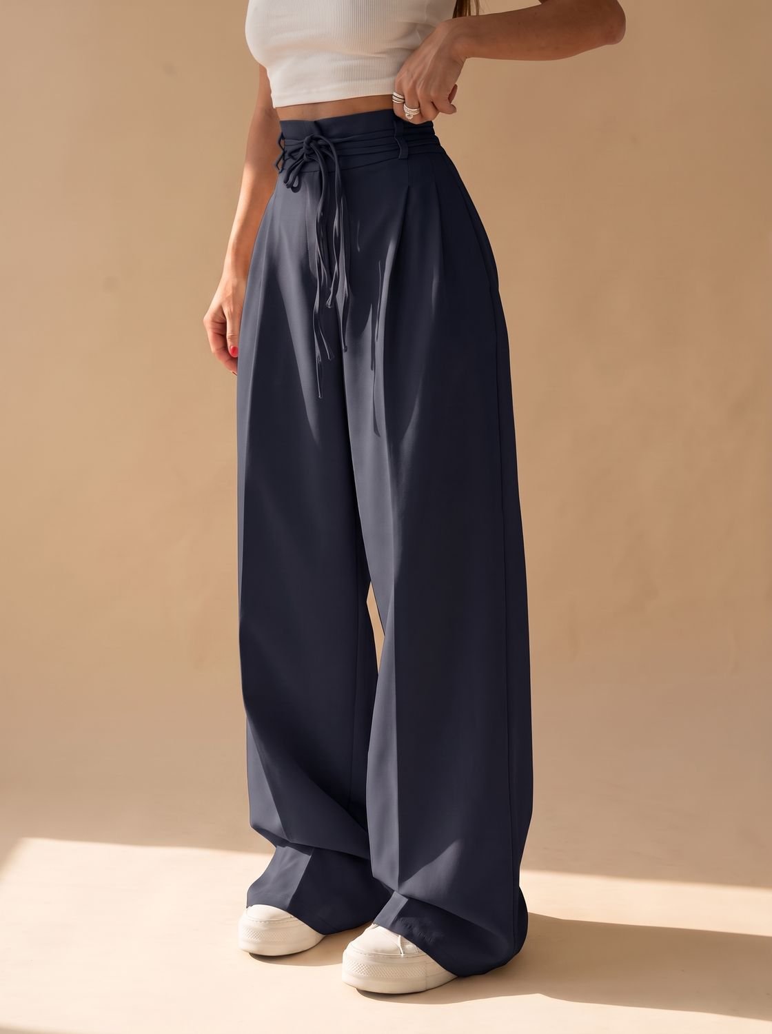 Women's High-Waist Wide-Leg Drawstring Palazzo Trousers - Navy Blue
