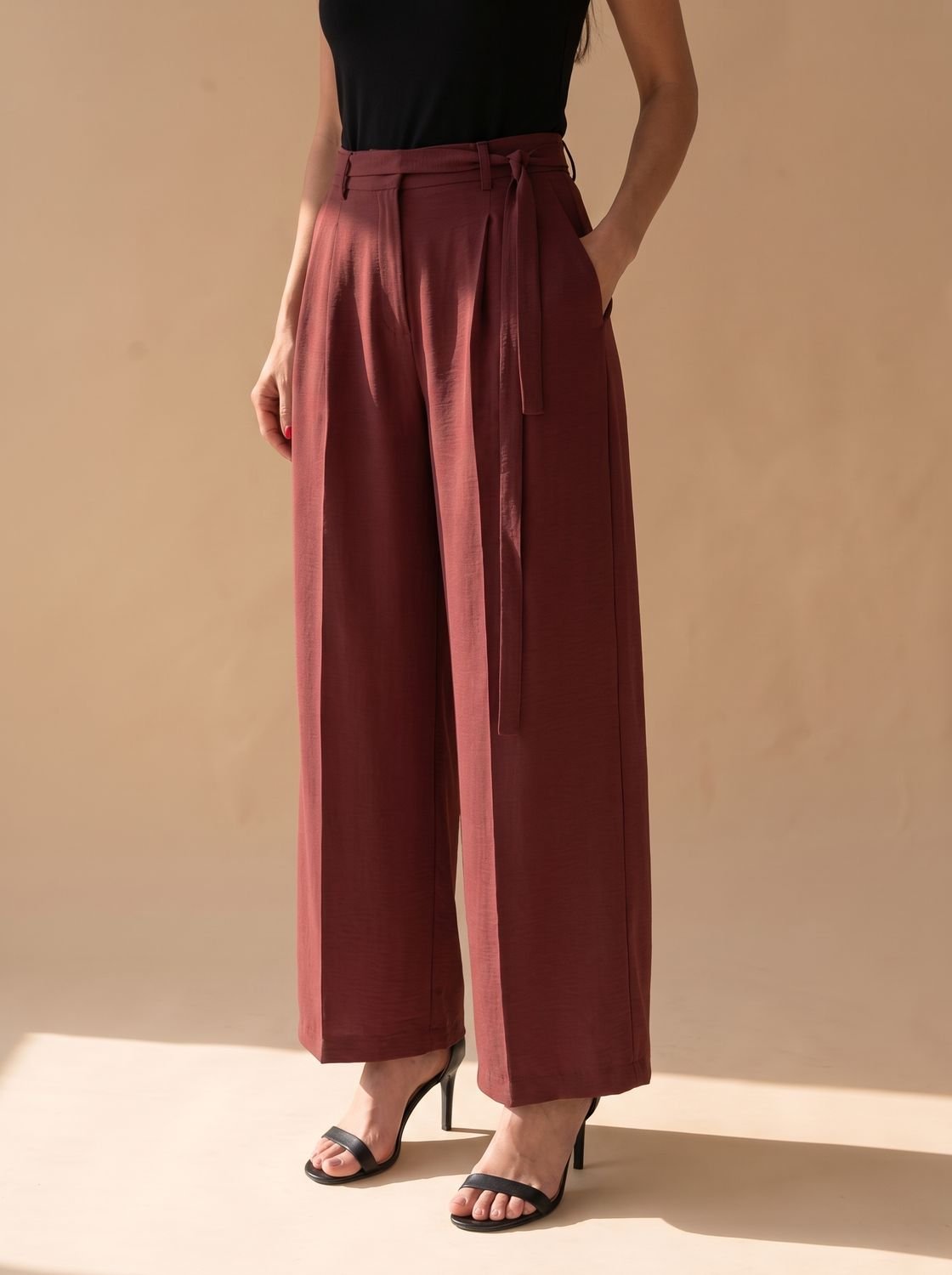 Women's High-Waist Wide-Leg Drawstring Palazzo Trousers - Burgundy
