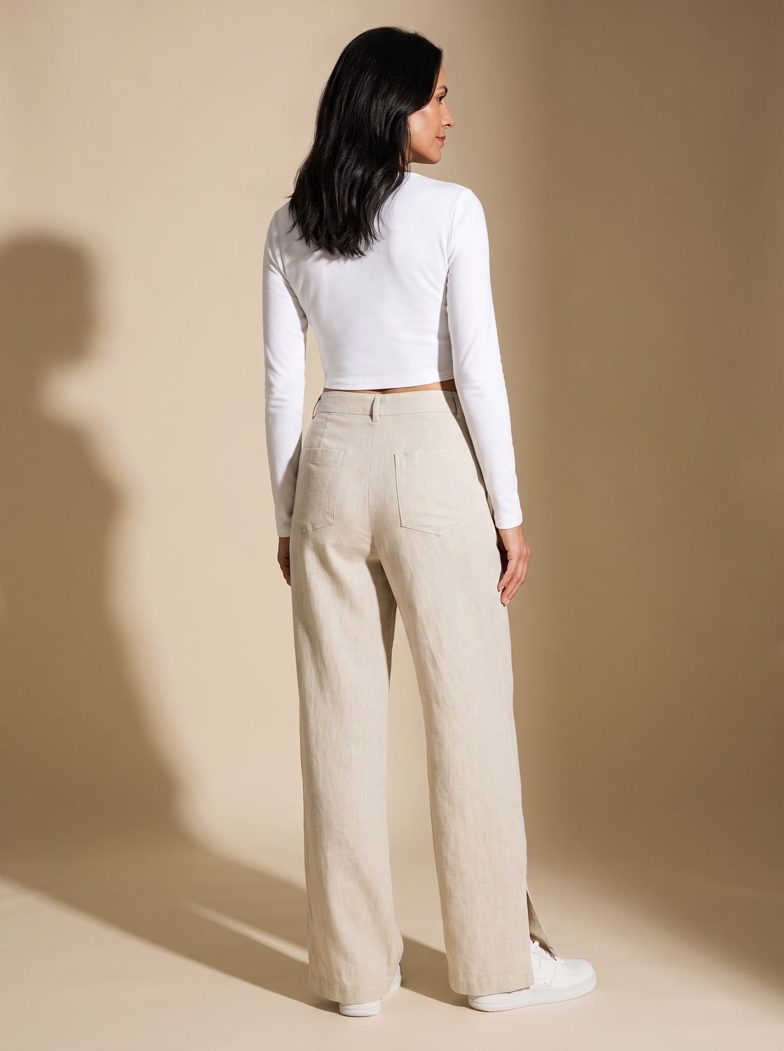 Women's High-Waist Wide-Leg Linen Trousers Split-Hem Everyday Pants