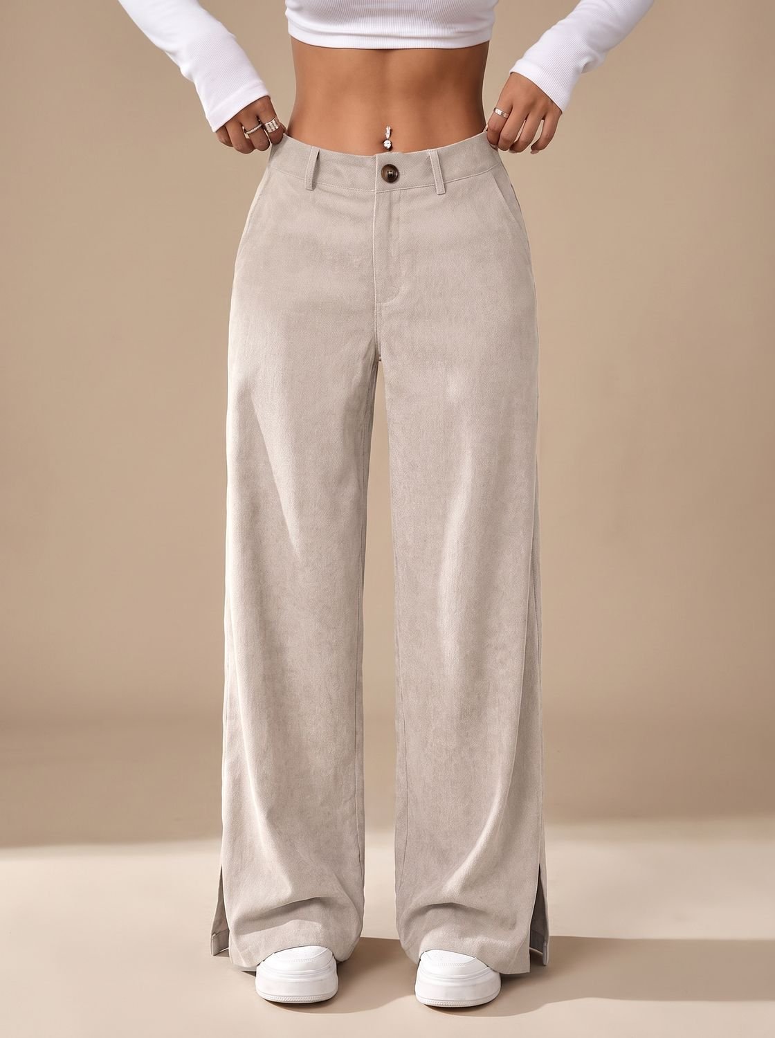 Women's High-Waist Wide-Leg Linen Trousers Split-Hem Everyday Pants - Apricot