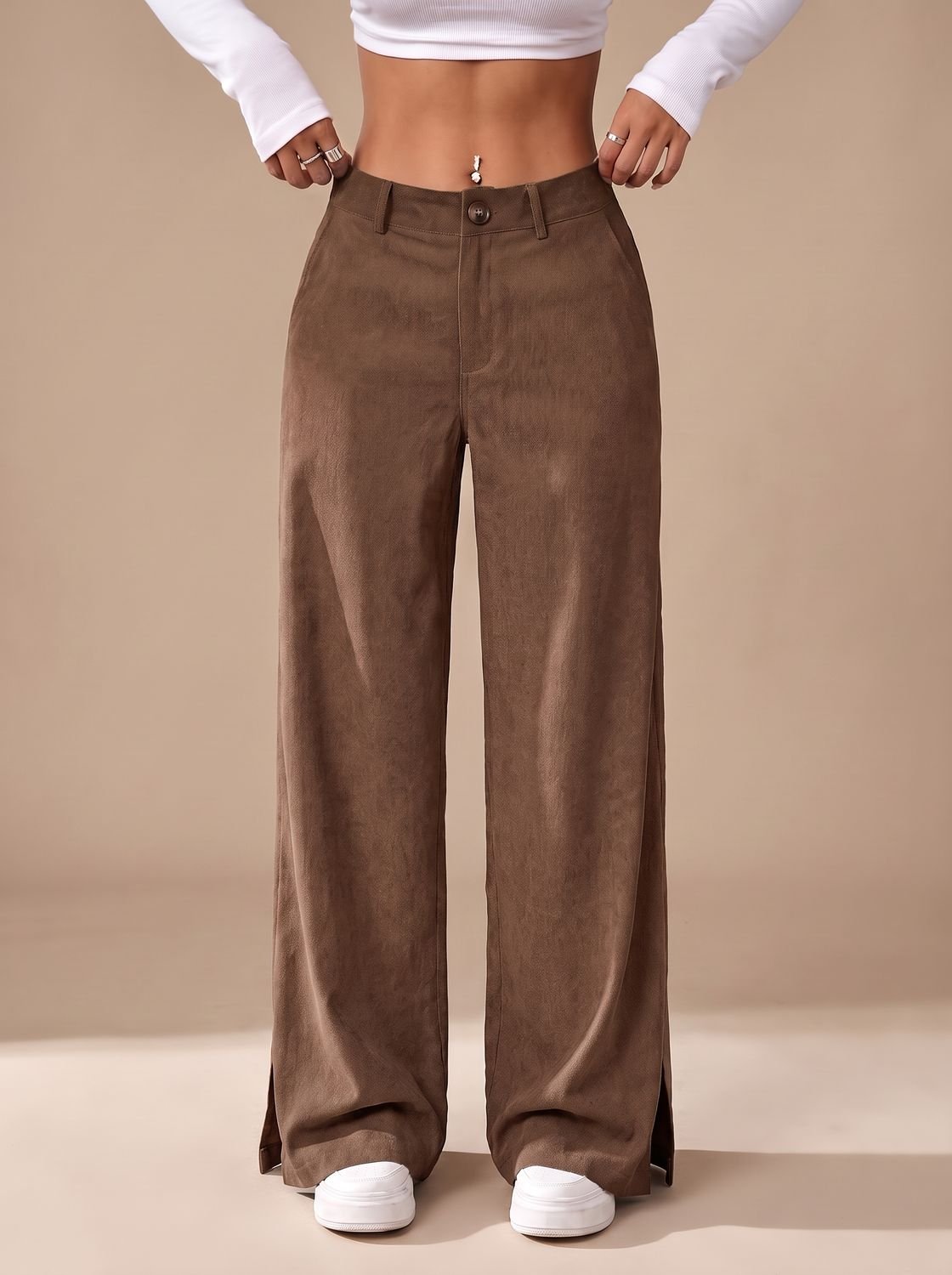 Women's High-Waist Wide-Leg Linen Trousers Split-Hem Everyday Pants - Brown