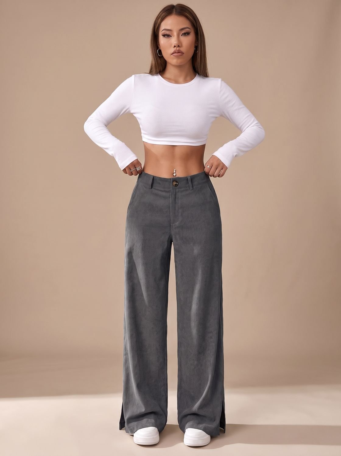 Women's High-Waist Wide-Leg Linen Trousers Split-Hem Everyday Pants - Gray