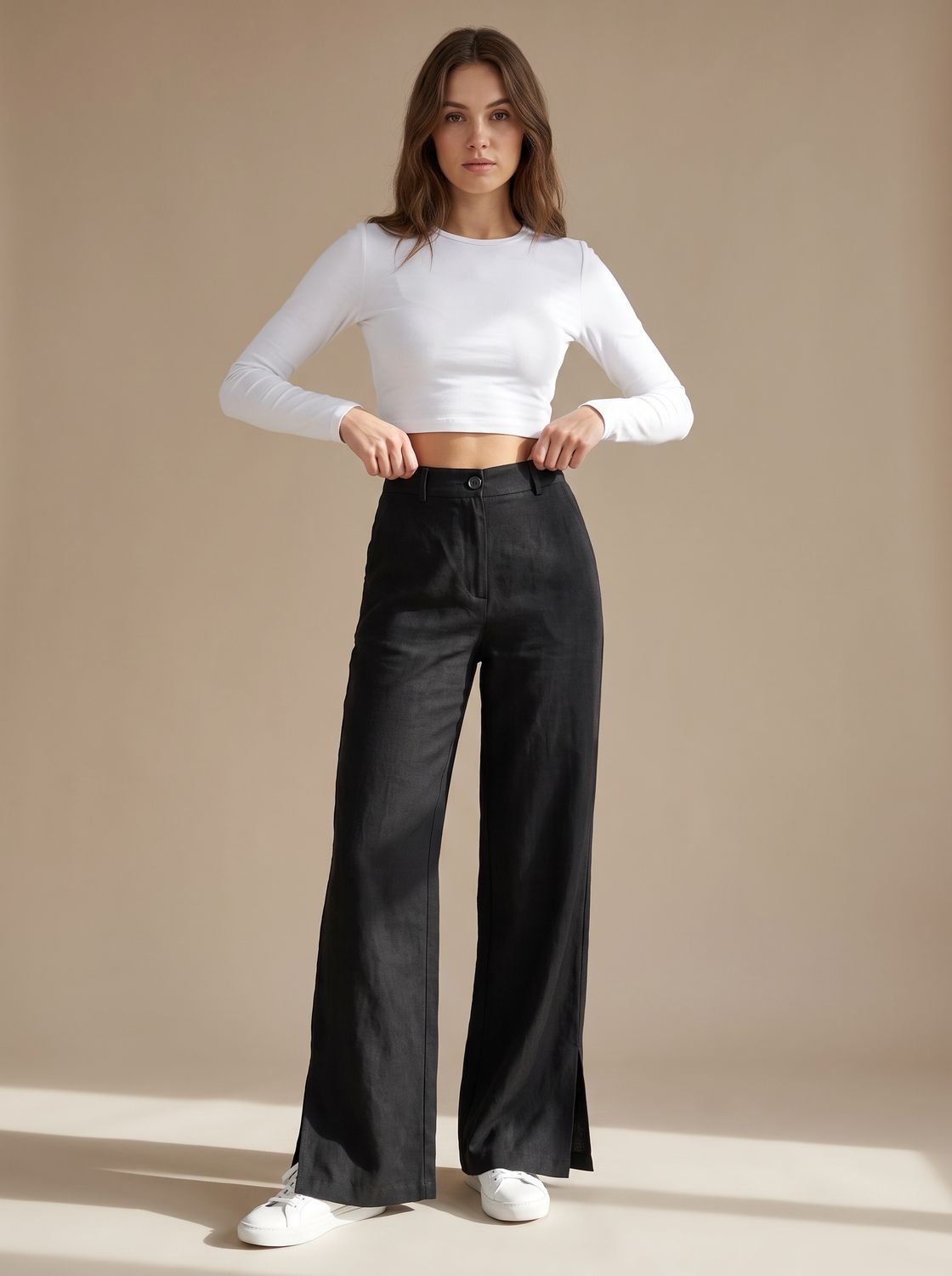 Women's High-Waist Wide-Leg Linen Trousers Split-Hem Everyday Pants - Black