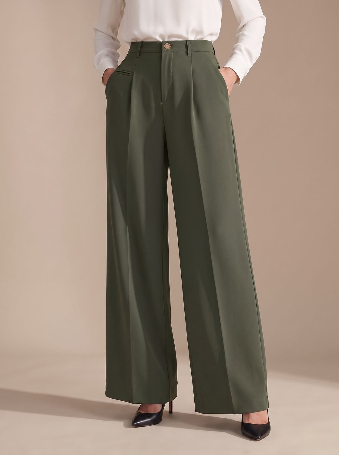 Women's High-Waist Wide-Leg Pleated Palazzo Trousers - Dark Green