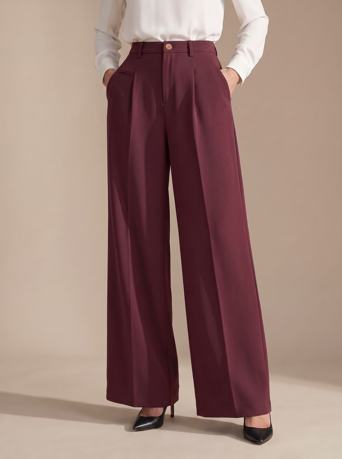 Women's High-Waist Wide-Leg Pleated Palazzo Trousers - Burgundy