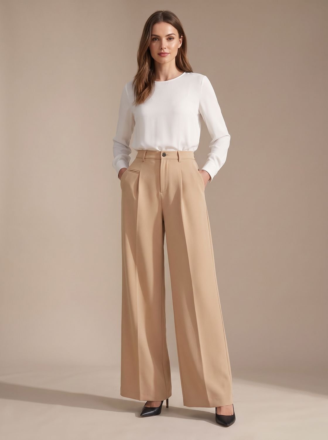 Women's High-Waist Wide-Leg Pleated Palazzo Trousers - Beige