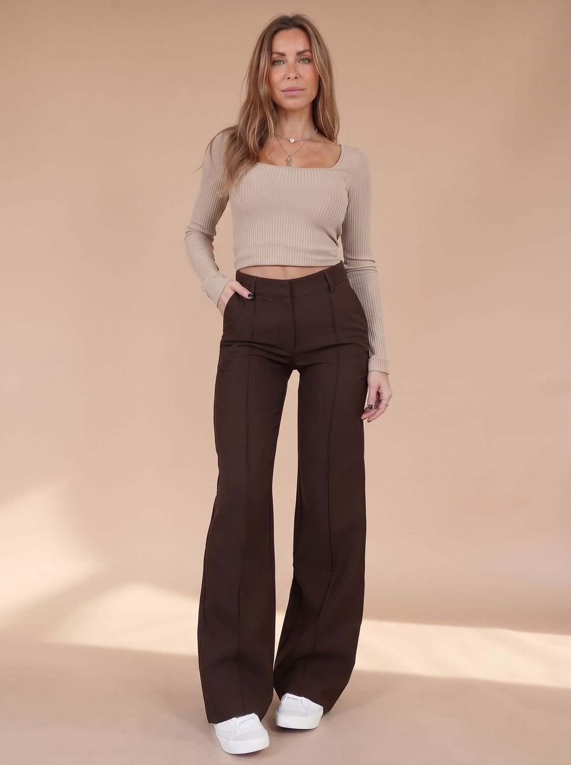 Women's High-Waist Wide-Leg Tailored Trousers - Brown