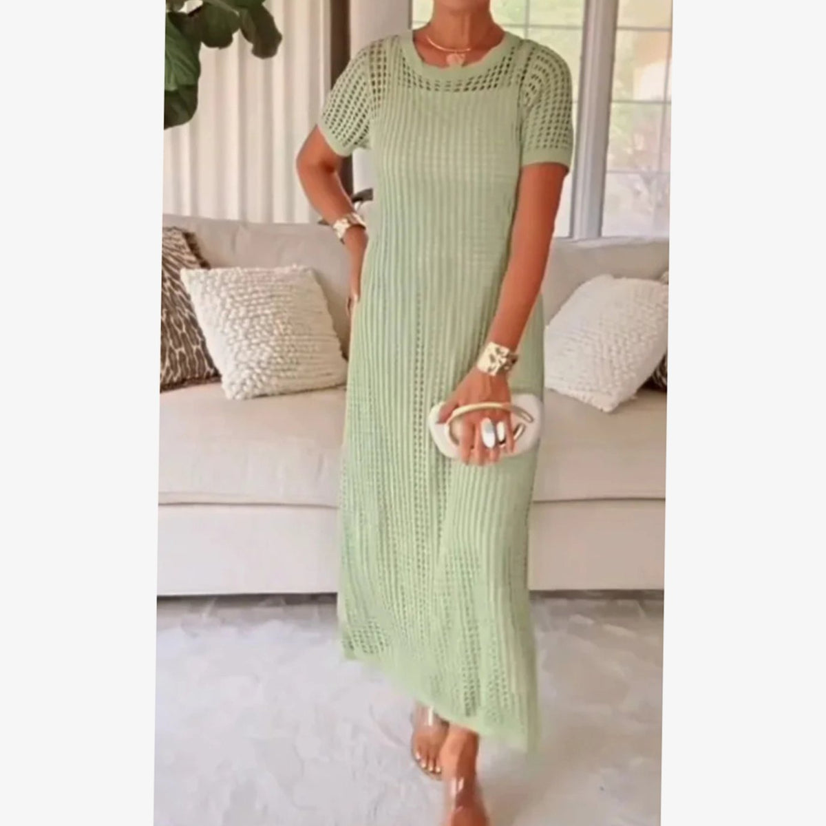 Women's Hollow-Out Overlay Short-Sleeve Knit Maxi Dress - Light Green