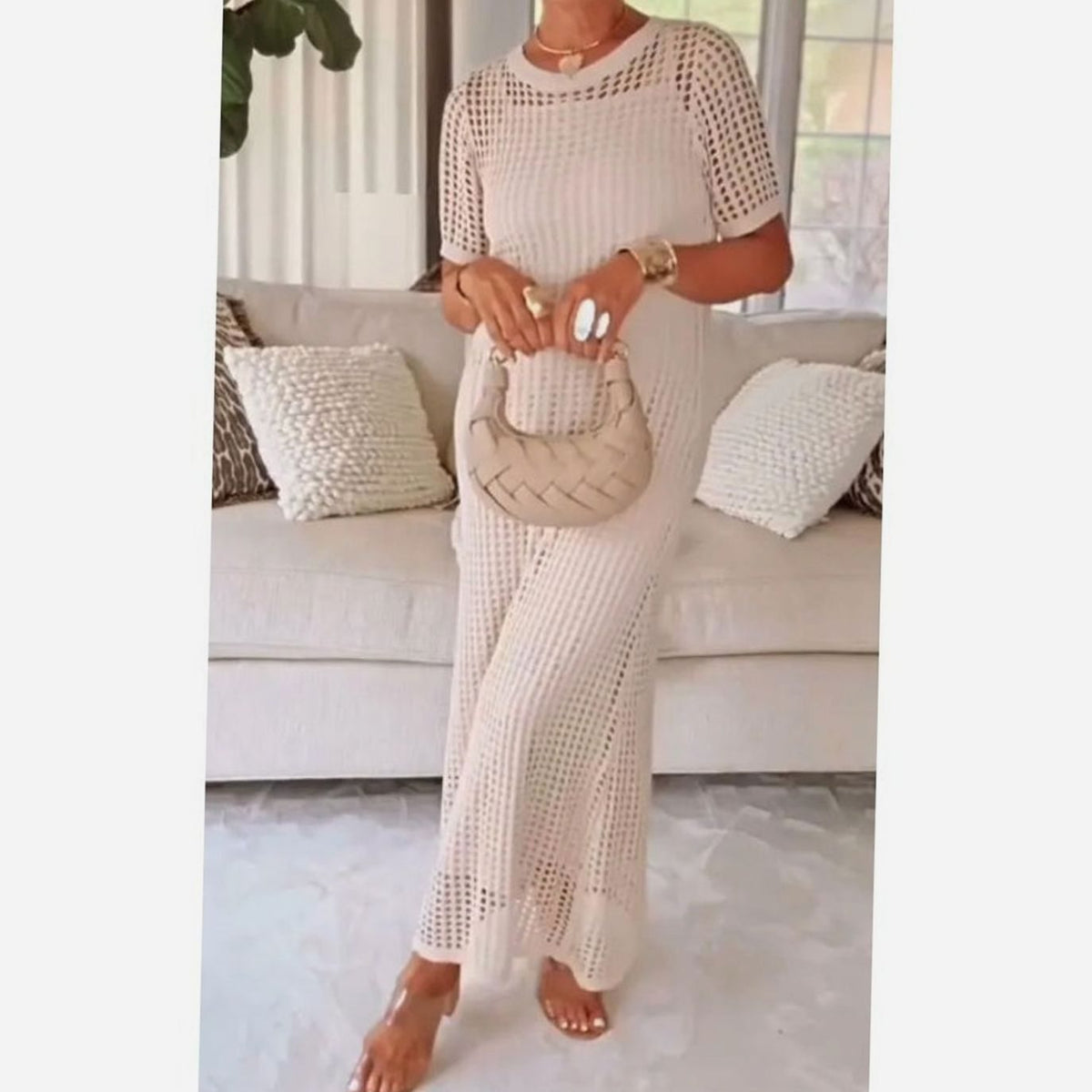 Women's Hollow-Out Overlay Short-Sleeve Knit Maxi Dress - Apricot