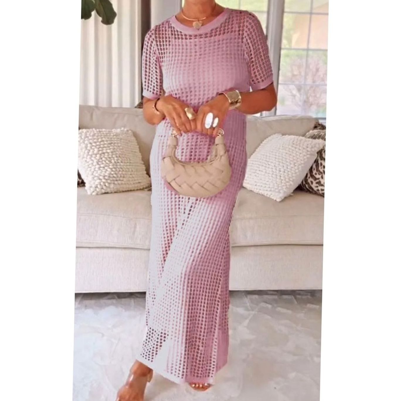 Women's Hollow-Out Overlay Short-Sleeve Knit Maxi Dress - Pink