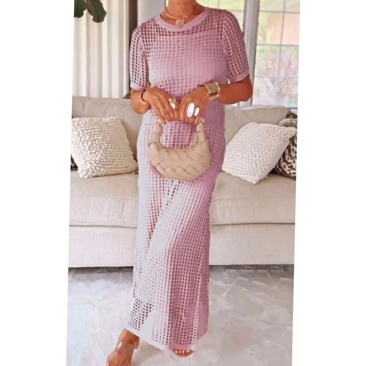Women's Hollow-Out Overlay Short-Sleeve Knit Maxi Dress - Pink