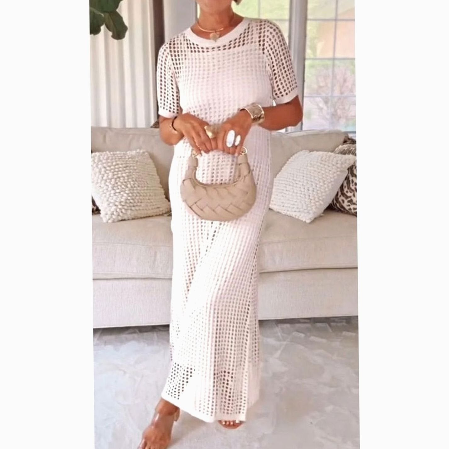 Women's Hollow-Out Overlay Short-Sleeve Knit Maxi Dress - White