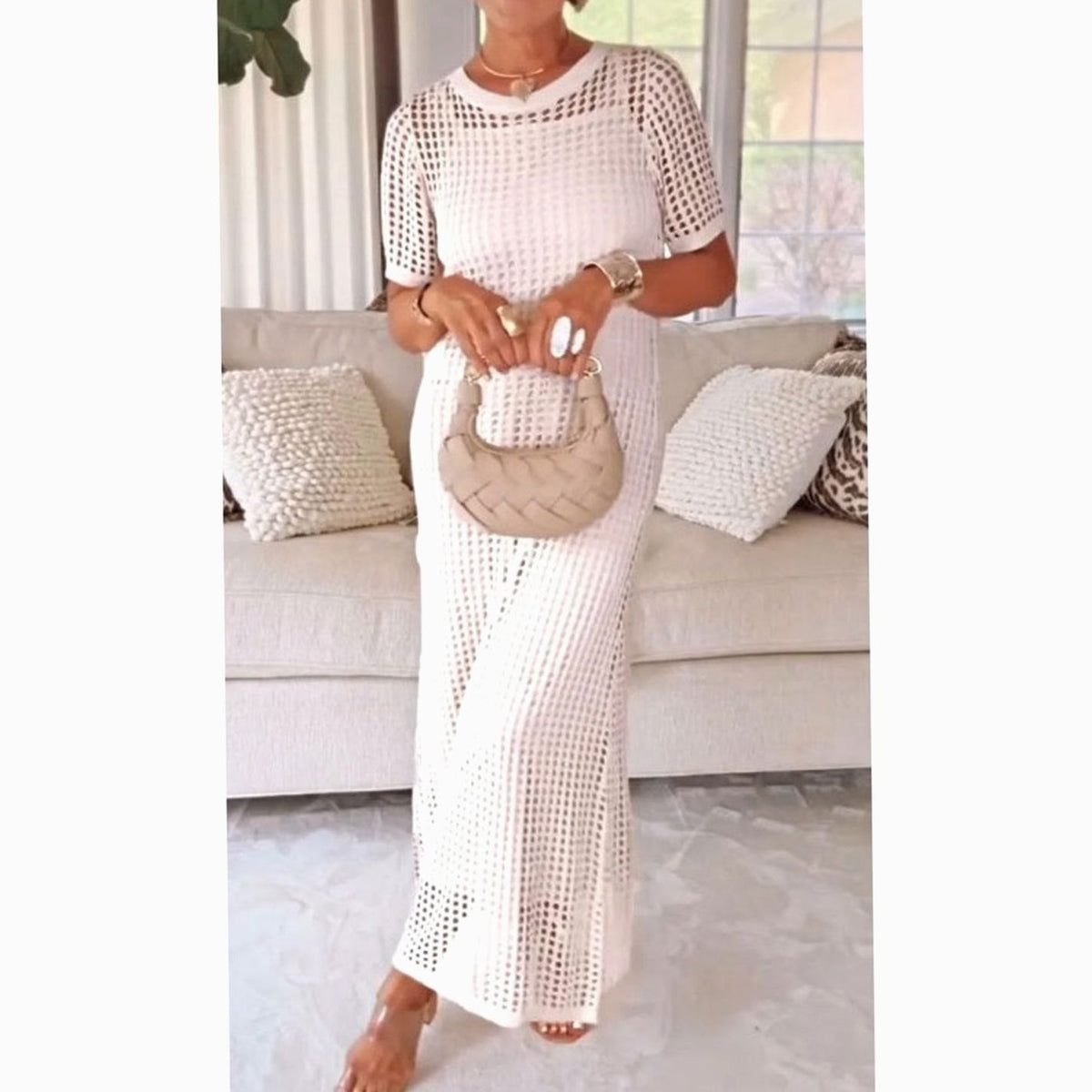 Women's Hollow-Out Overlay Short-Sleeve Knit Maxi Dress - White