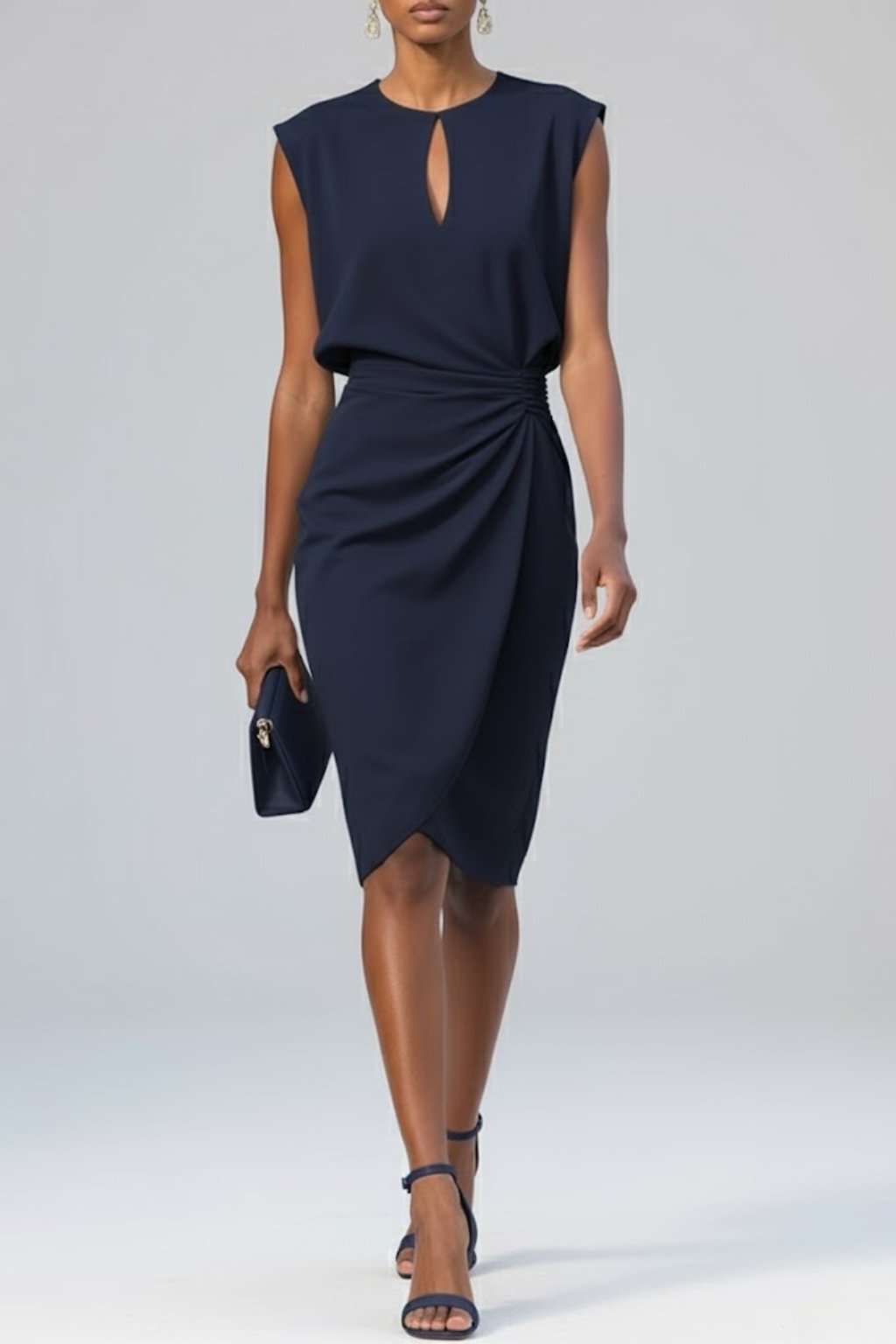 Women's Keyhole-Neck Midi Dress with Gathered Side Detail - Marineblauw