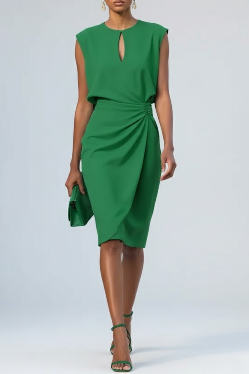 Women's Keyhole-Neck Midi Dress with Gathered Side Detail - Groen