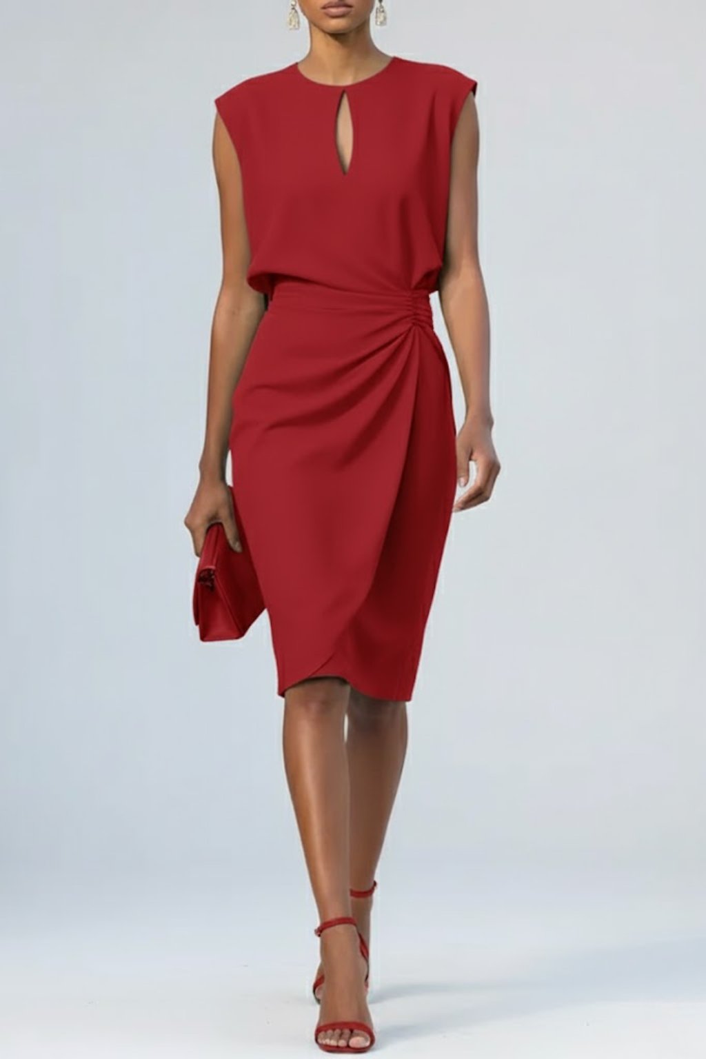 Women's Keyhole-Neck Midi Dress with Gathered Side Detail - Rood