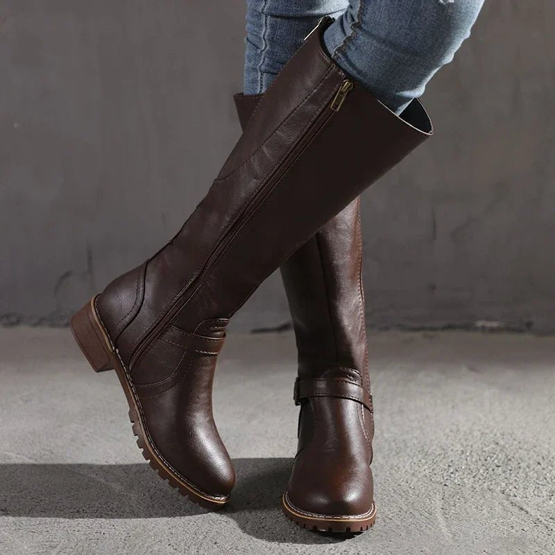 Women's Knee-High Leather Zipper Riding Boots - Dark Brown