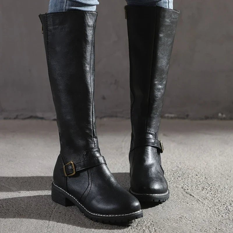 Women's Knee-High Leather Zipper Riding Boots - Black