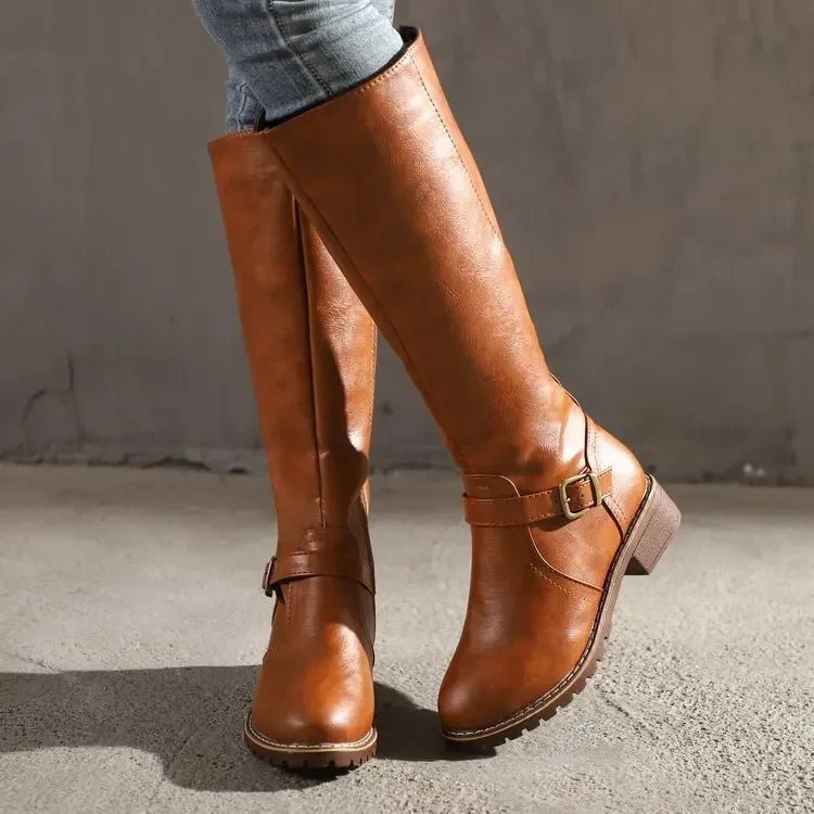 Women's Knee-High Leather Zipper Riding Boots - Brown