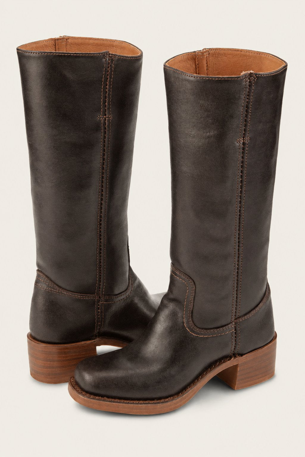 Women's Knee-High Slim-Fit Leather-Look Stacked-Heel Boots - Brown