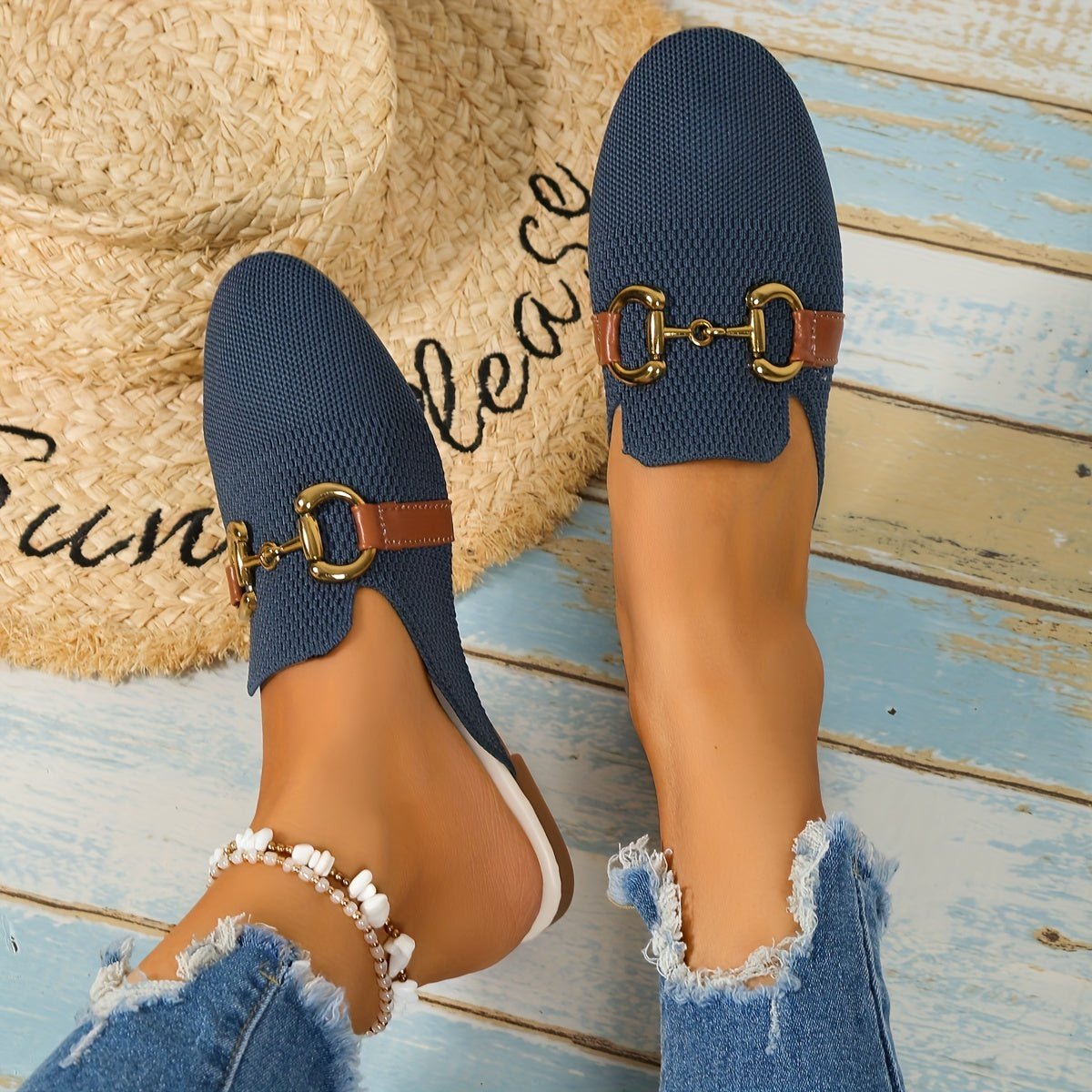 Women's Knit Slip-On Loafer Comfort Sneakers Gold Buckle Flat