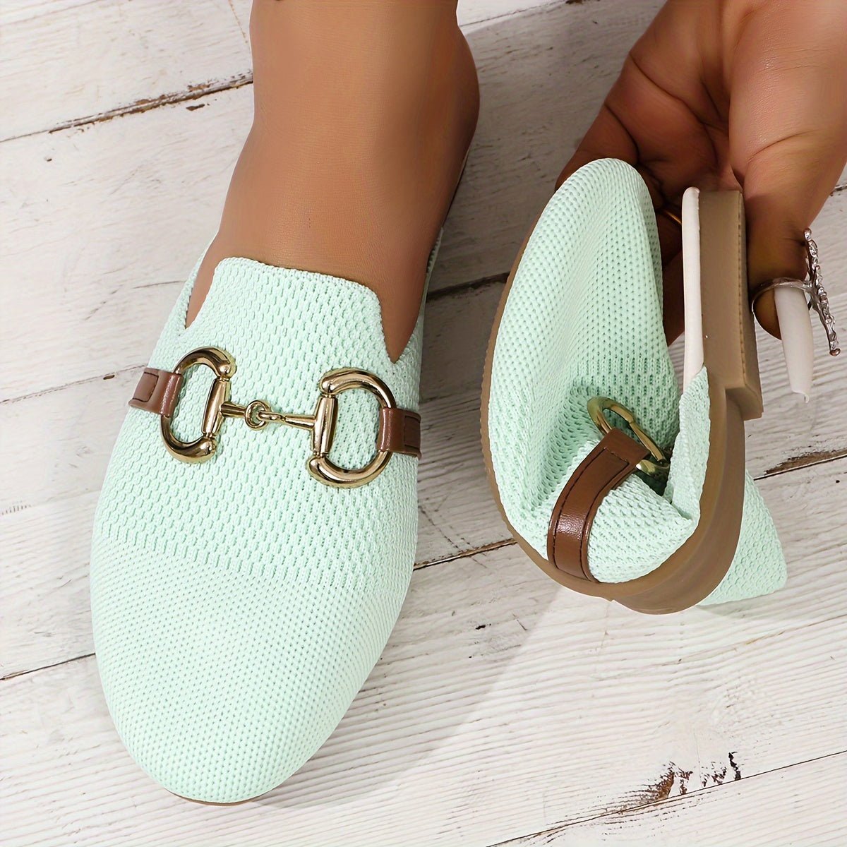 Women's Knit Slip-On Loafer Comfort Sneakers Gold Buckle Flat - Grass Green