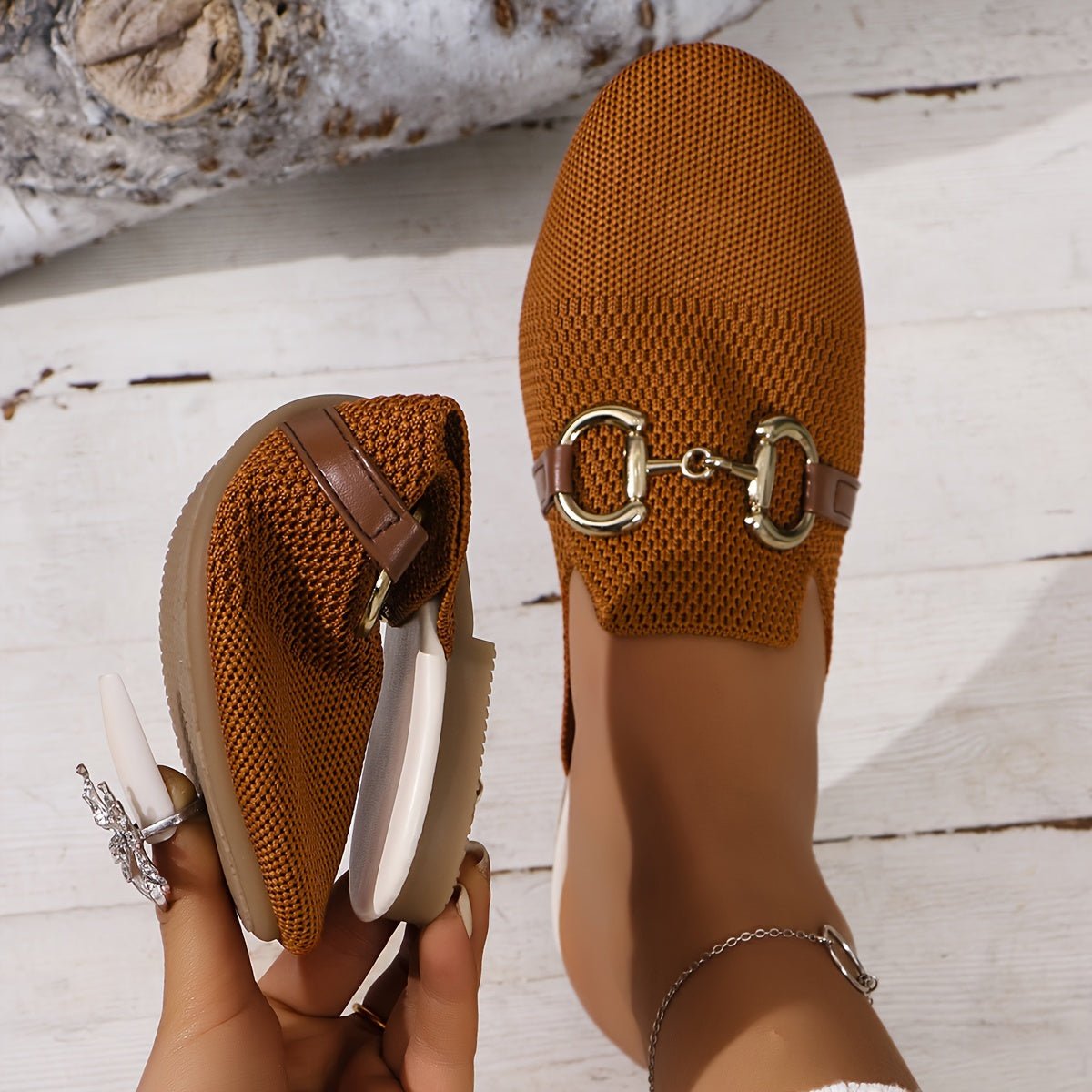 Women's Knit Slip-On Loafer Comfort Sneakers Gold Buckle Flat