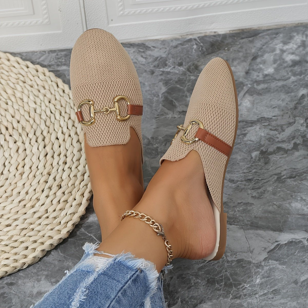 Women's Knit Slip-On Loafer Comfort Sneakers Gold Buckle Flat