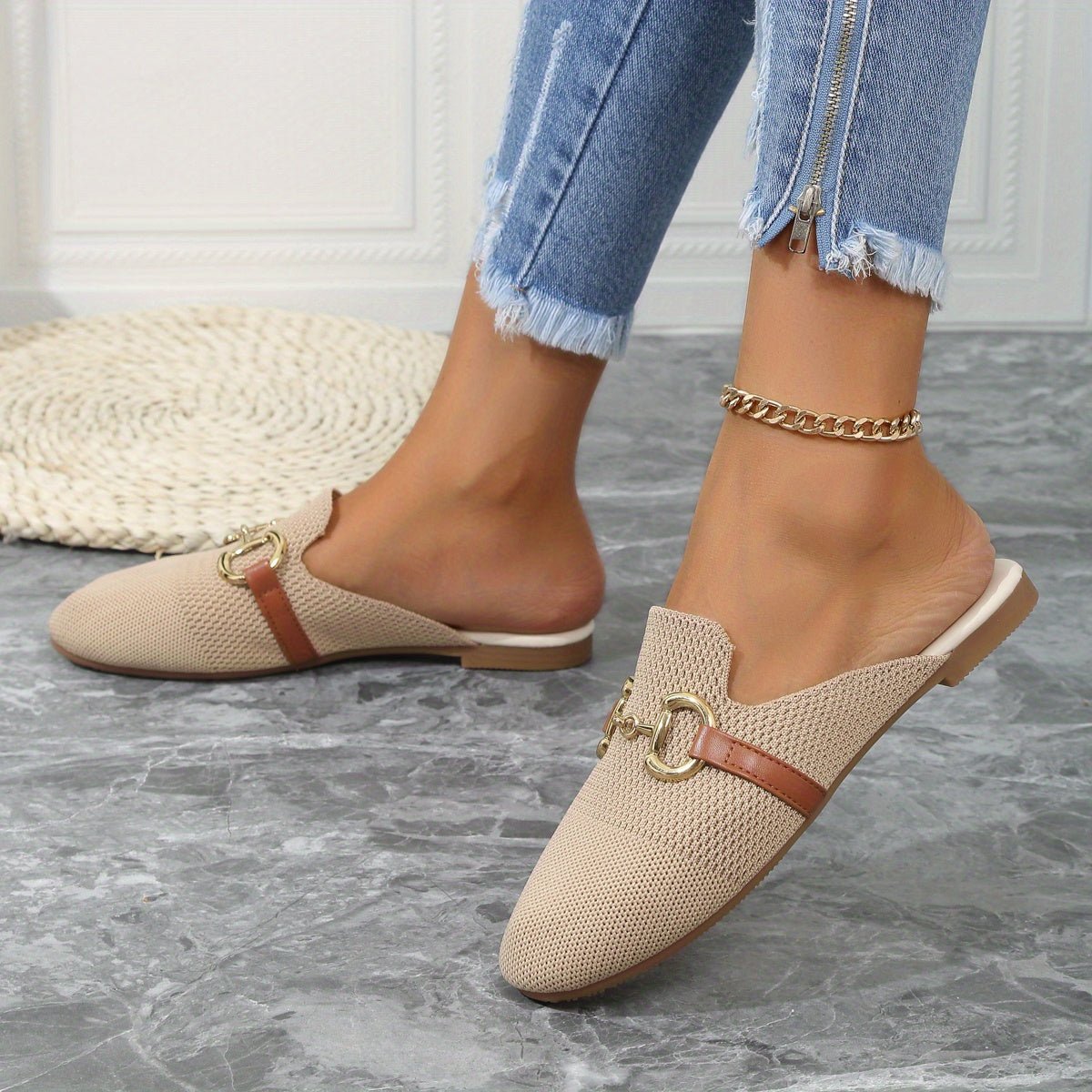 Women's Knit Slip-On Loafer Comfort Sneakers Gold Buckle Flat