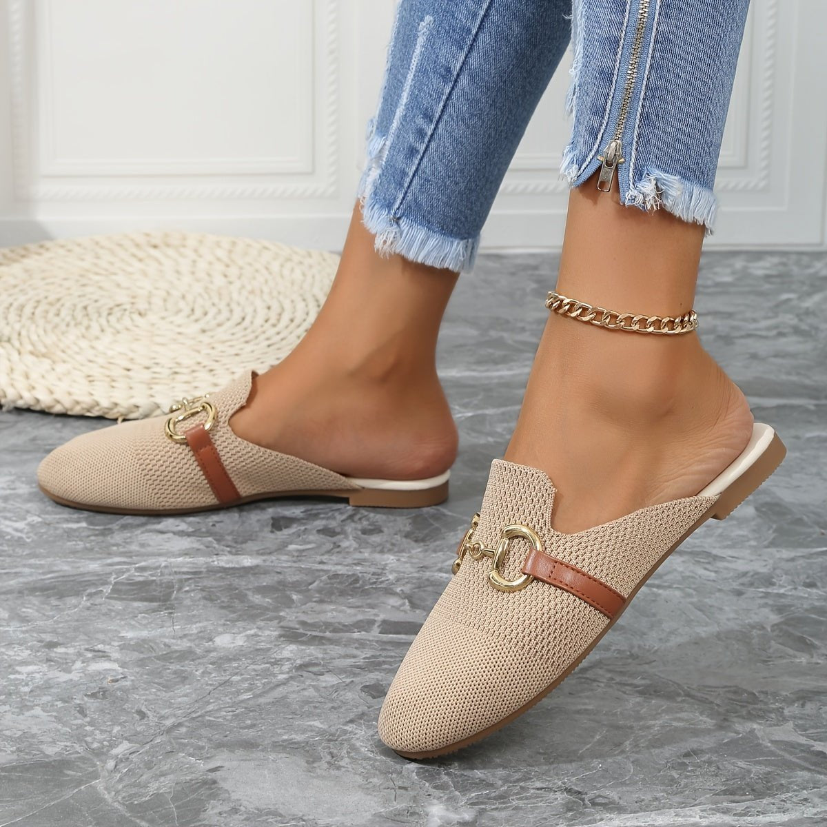 Women's Knit Slip-On Loafer Comfort Sneakers Gold Buckle Flat