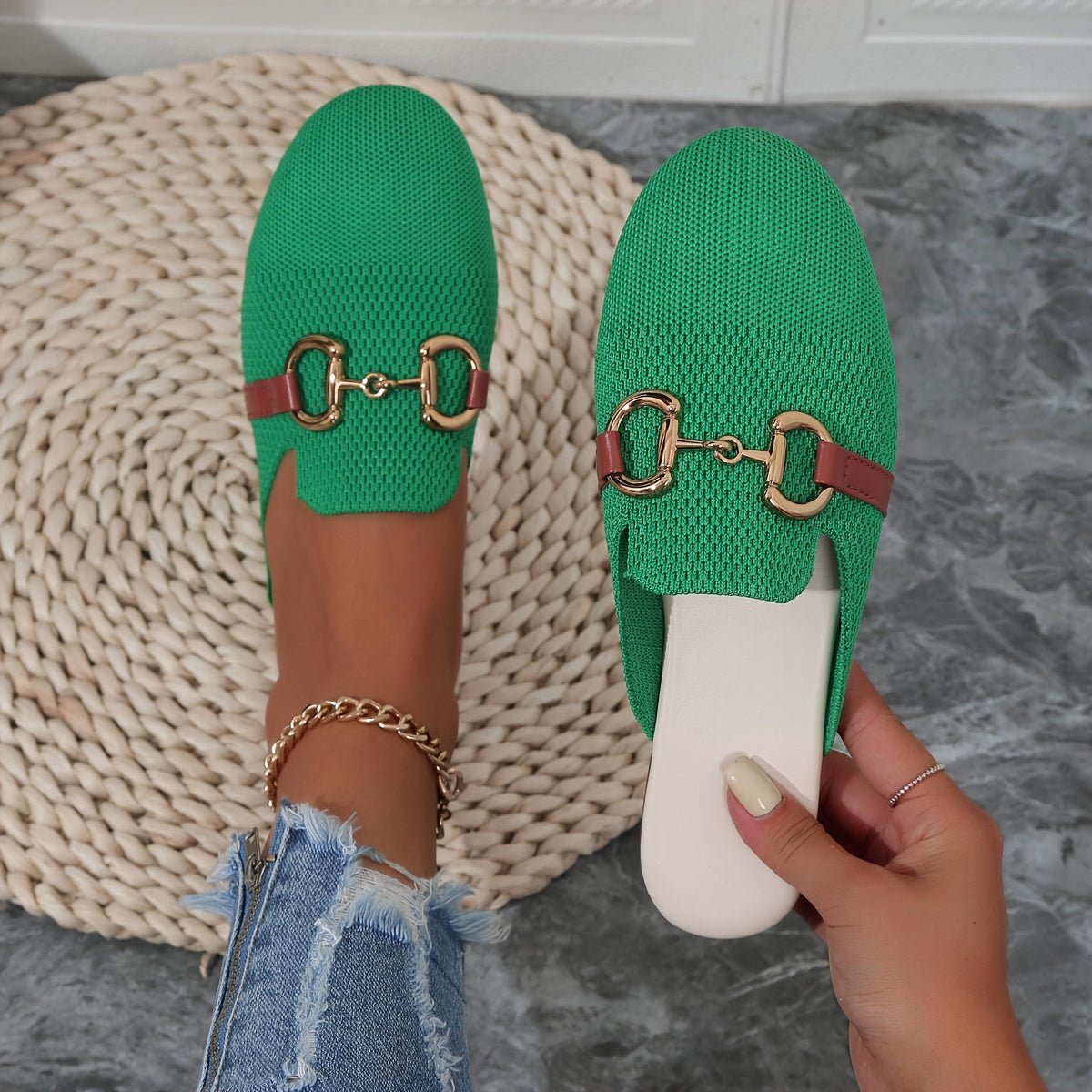 Women's Knit Slip-On Loafer Comfort Sneakers Gold Buckle Flat