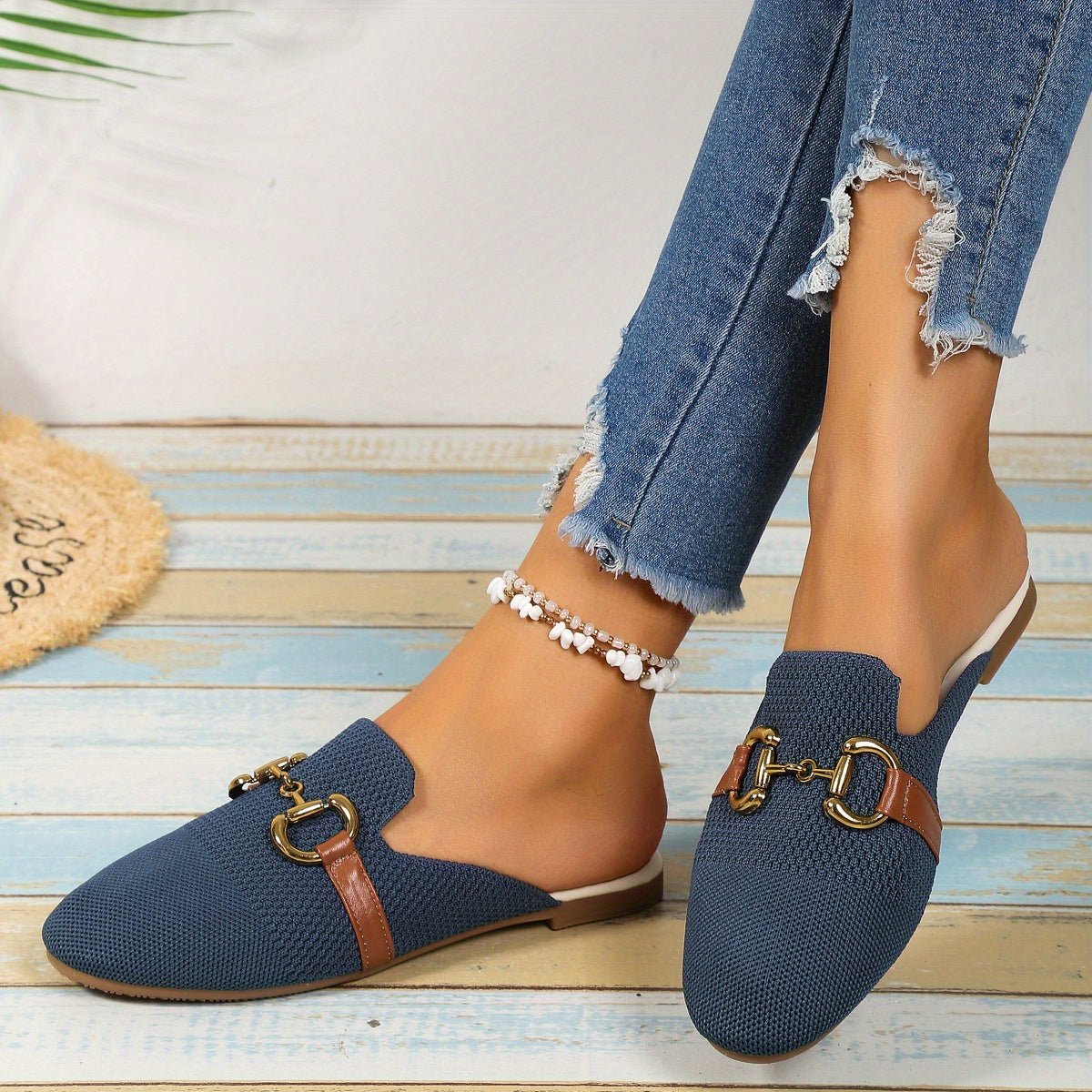 Women's Knit Slip-On Loafer Comfort Sneakers Gold Buckle Flat - Military Blue