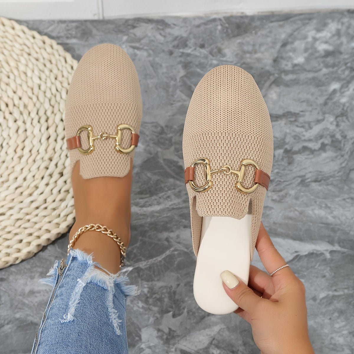 Women's Knit Slip-On Loafer Comfort Sneakers Gold Buckle Flat