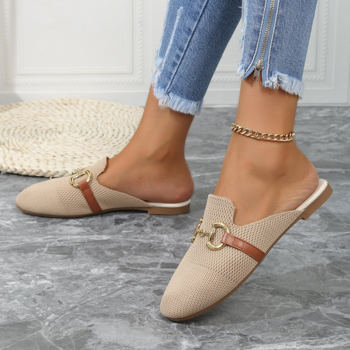 Women's Knit Slip-On Loafer Comfort Sneakers Gold Buckle Flat - Beige
