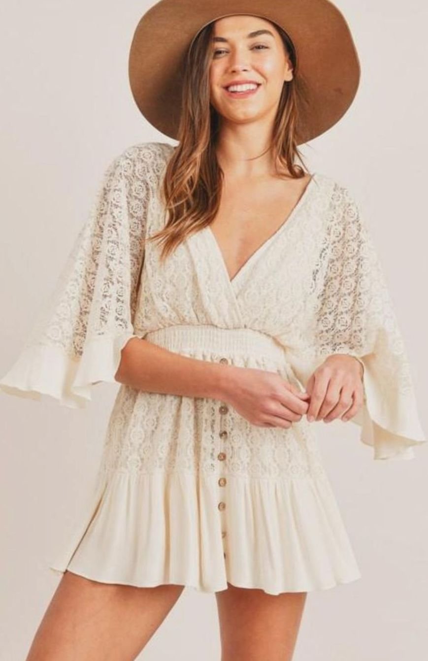 Women's Lace Bell-Sleeve V-Neck Mini Dress - Beige