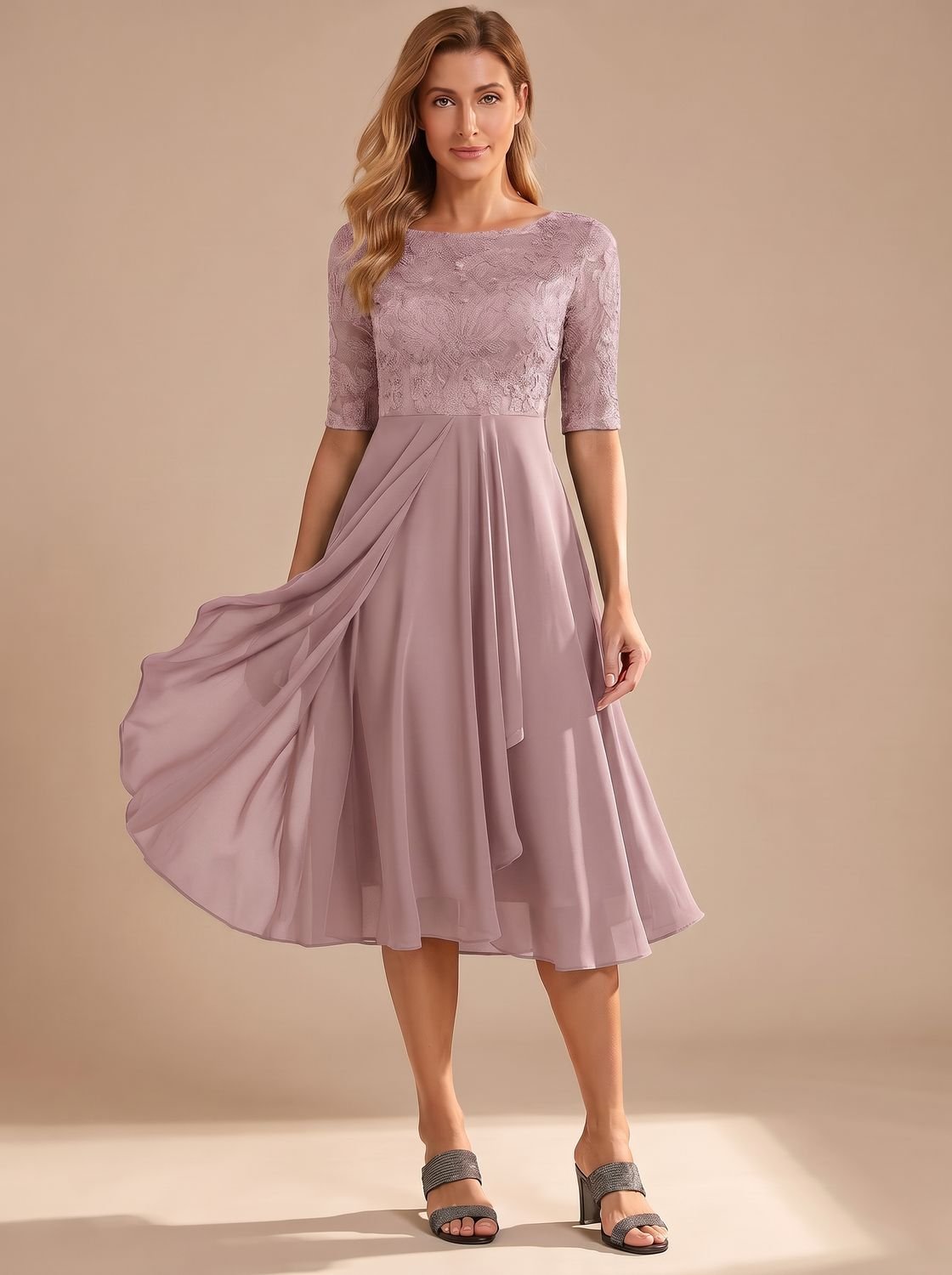 Women's Lace Bodice Chiffon A-Line Midi Dress - Pink