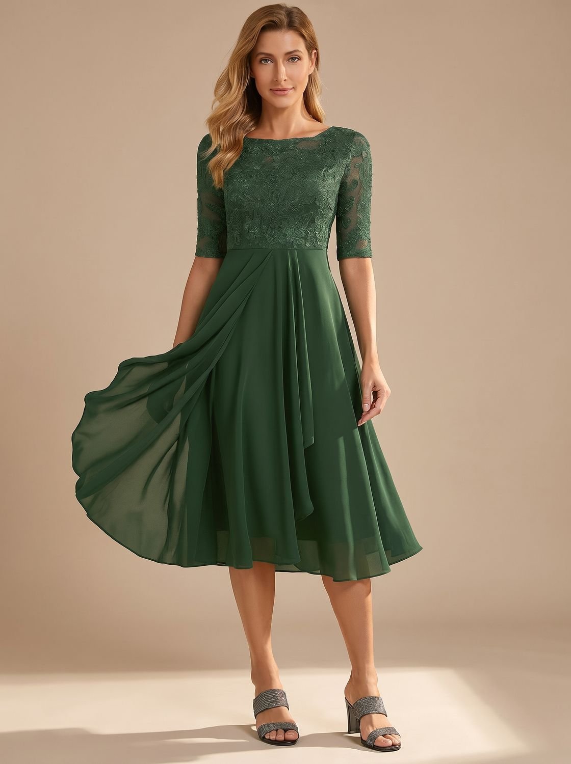 Women's Lace Bodice Chiffon A-Line Midi Dress - Green