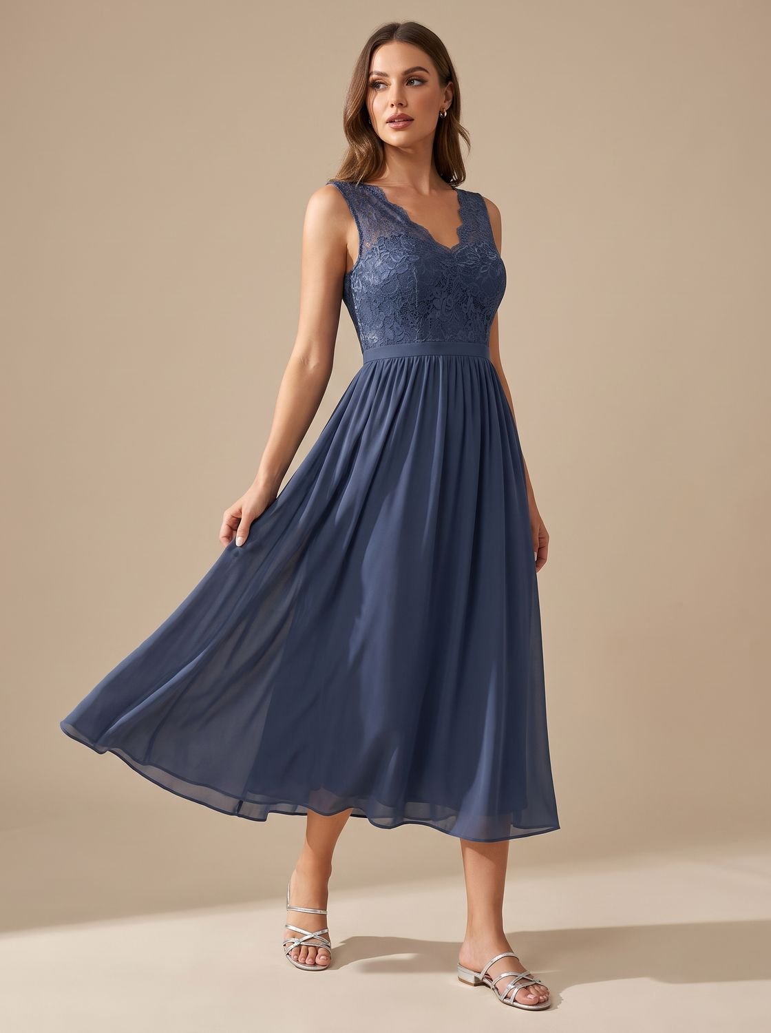 Women's Lace Bodice Chiffon A-Line Midi Dress - Blue