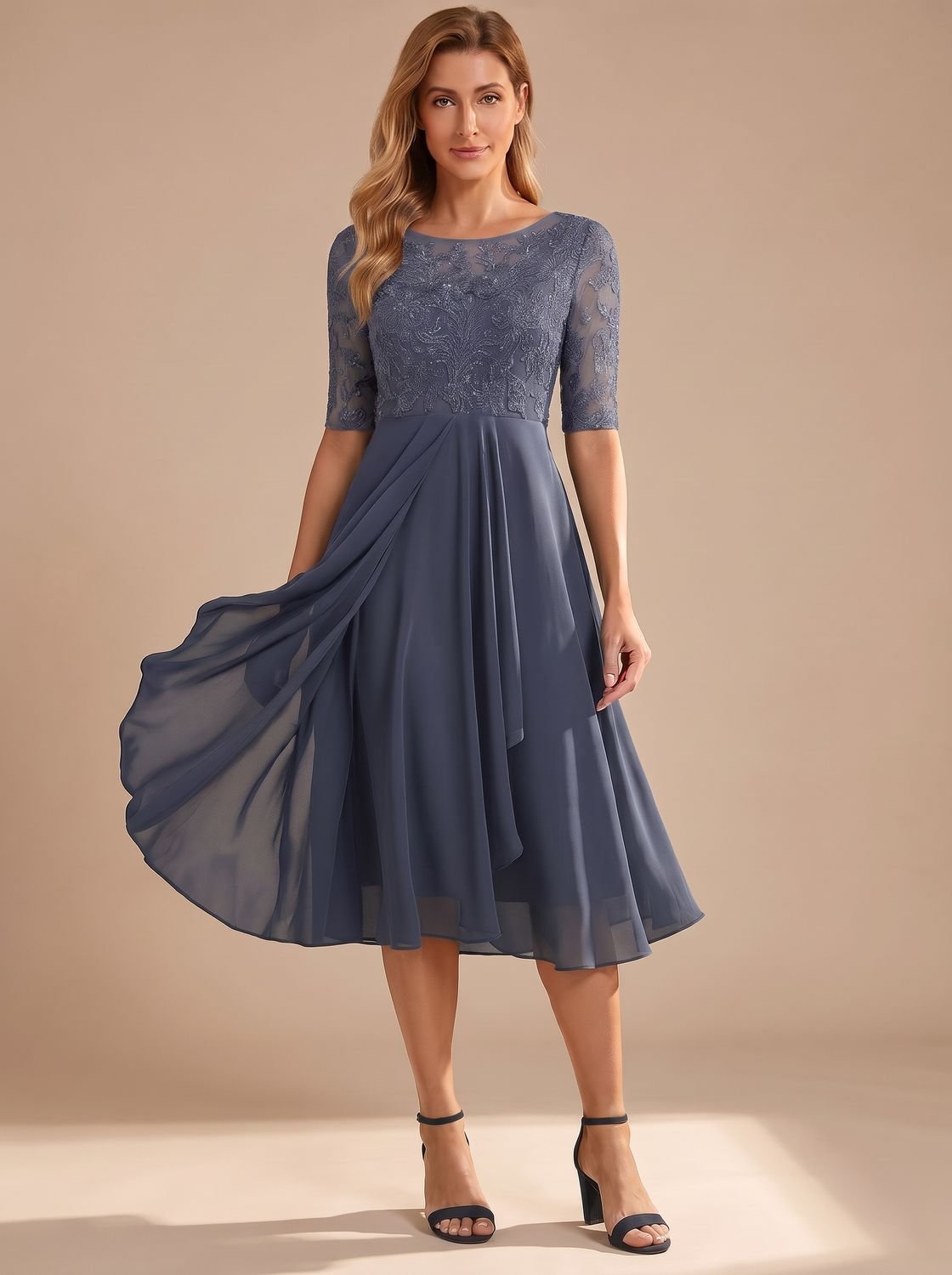 Women's Lace Bodice Chiffon A-Line Midi Dress - Purple
