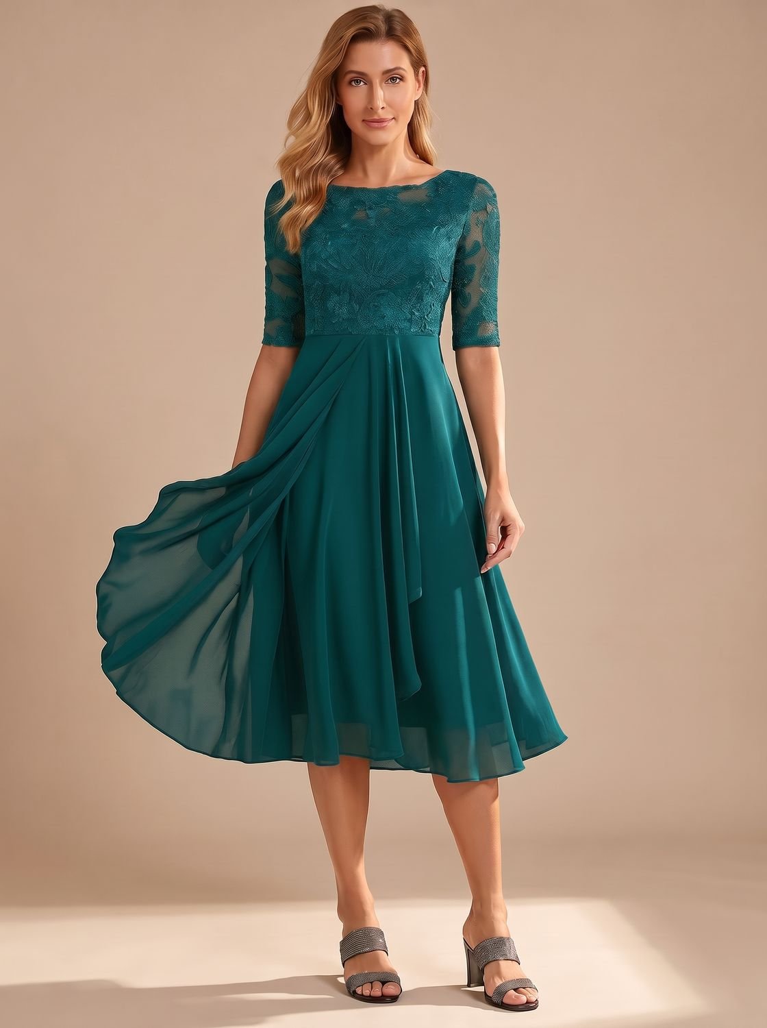 Women's Lace Bodice Chiffon A-Line Midi Dress - Dark Green