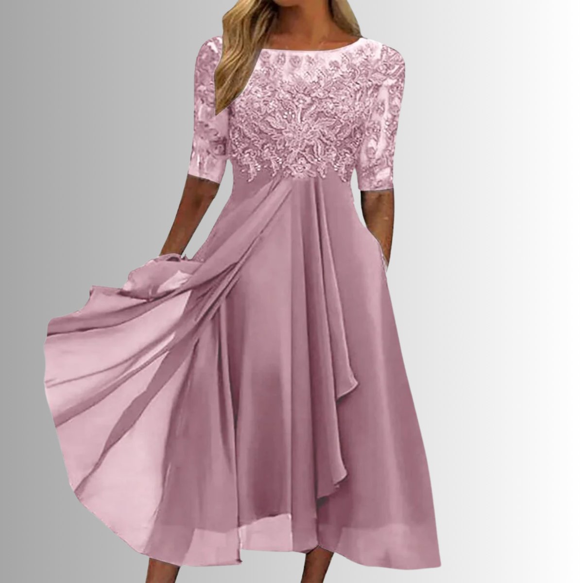 Women's Lace Bodice Chiffon Formal & Evening Dress Midi - Pink