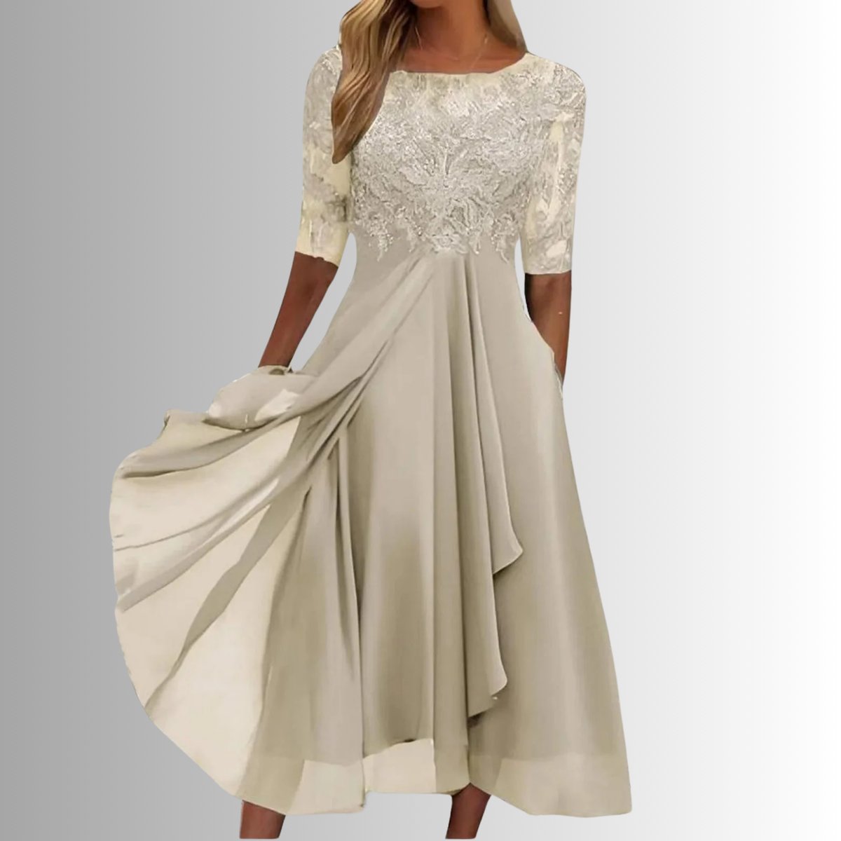 Women's Lace Bodice Chiffon Formal & Evening Dress Midi - Cream