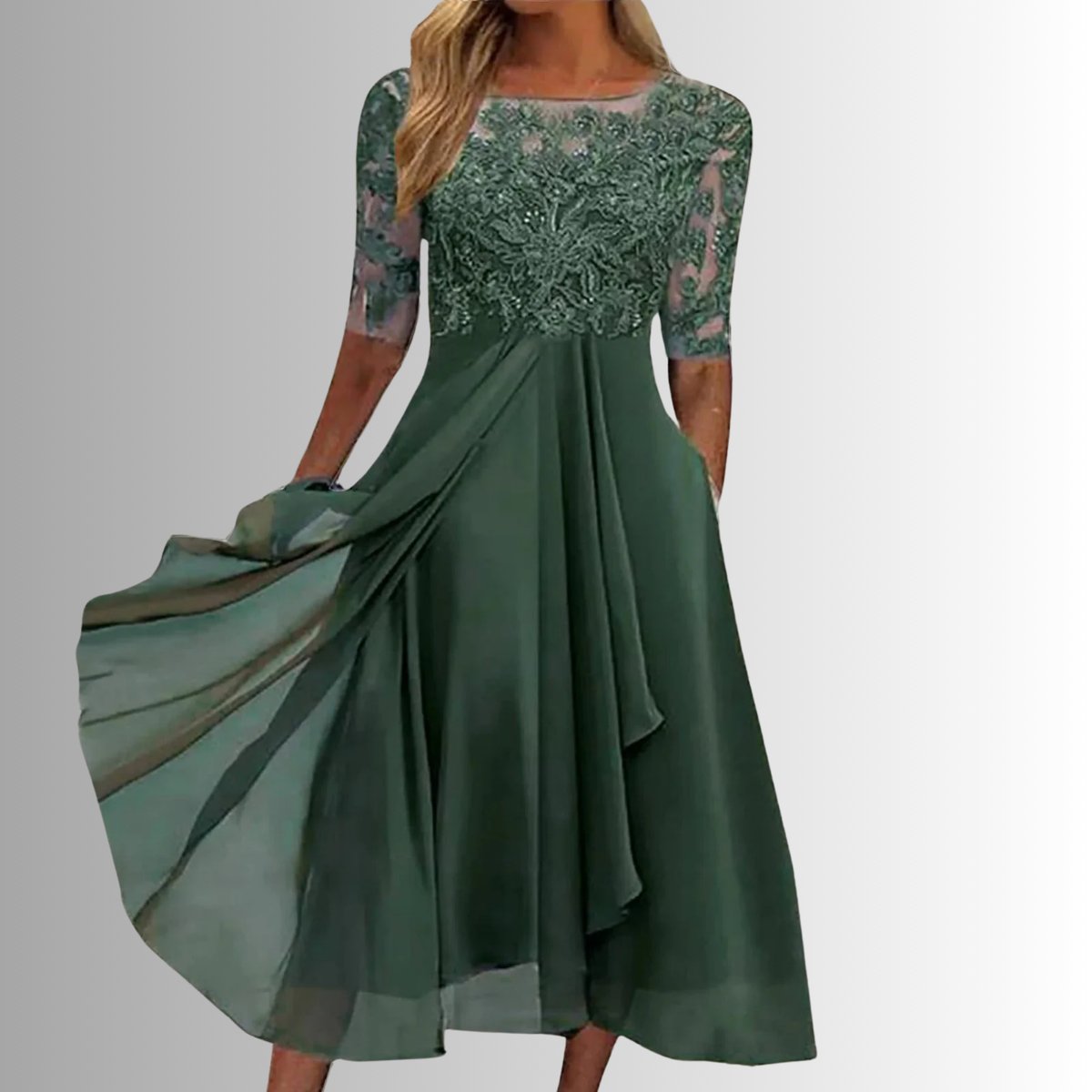 Women's Lace Bodice Chiffon Formal & Evening Dress Midi - Green