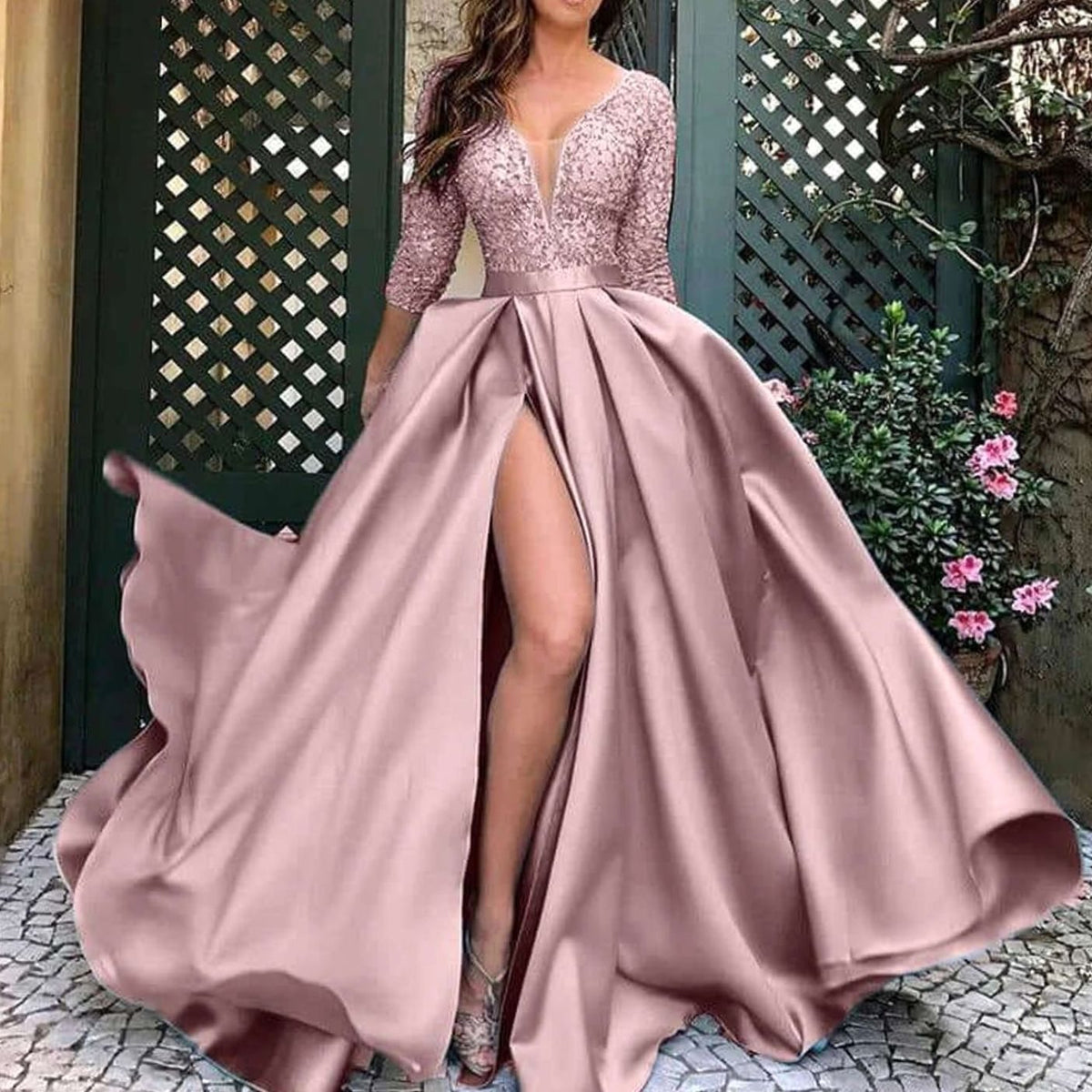 Women's Lace Formal Gown A-Line V-Neck High Slit Evening Dress - Pink