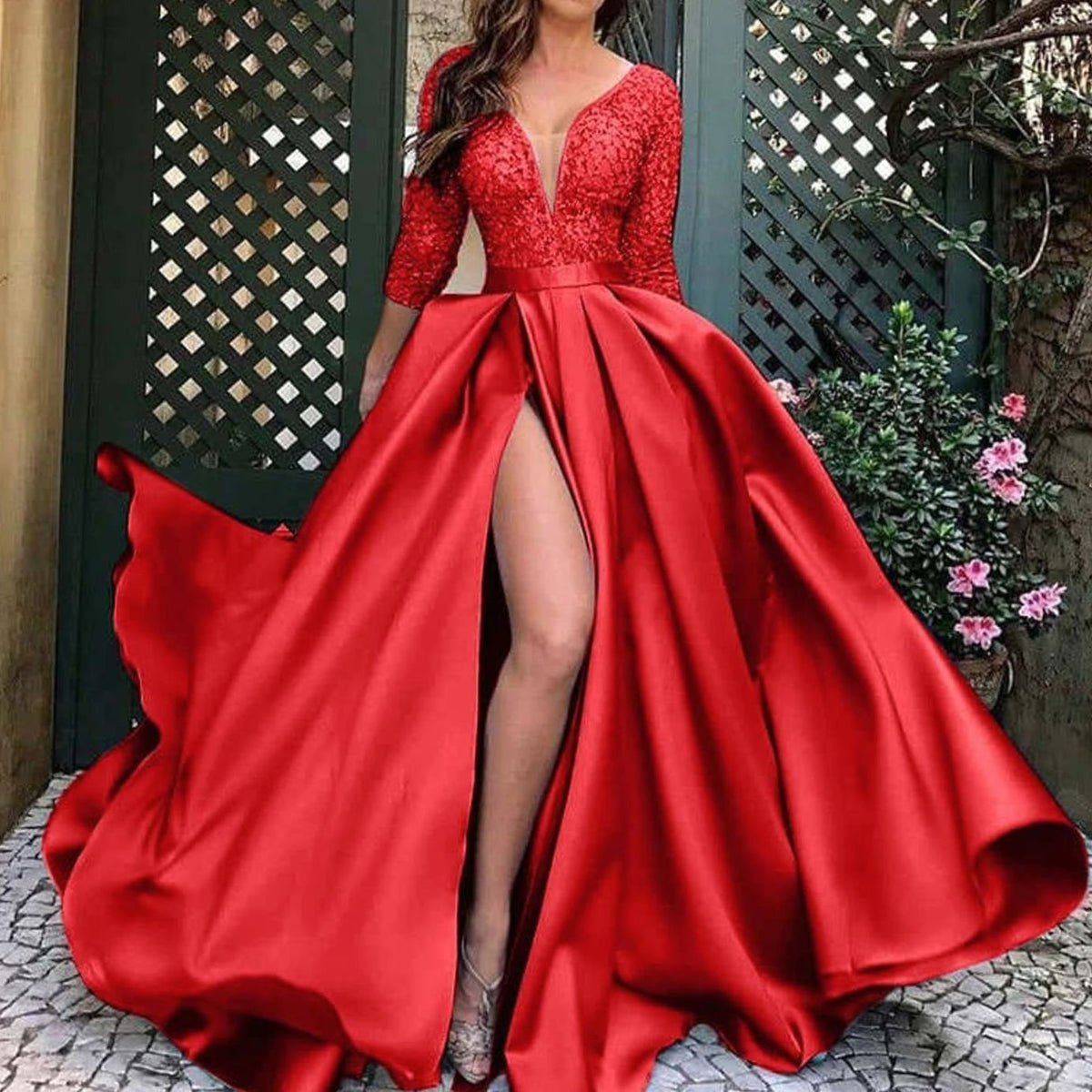 Women's Lace Formal Gown A-Line V-Neck High Slit Evening Dress - Red