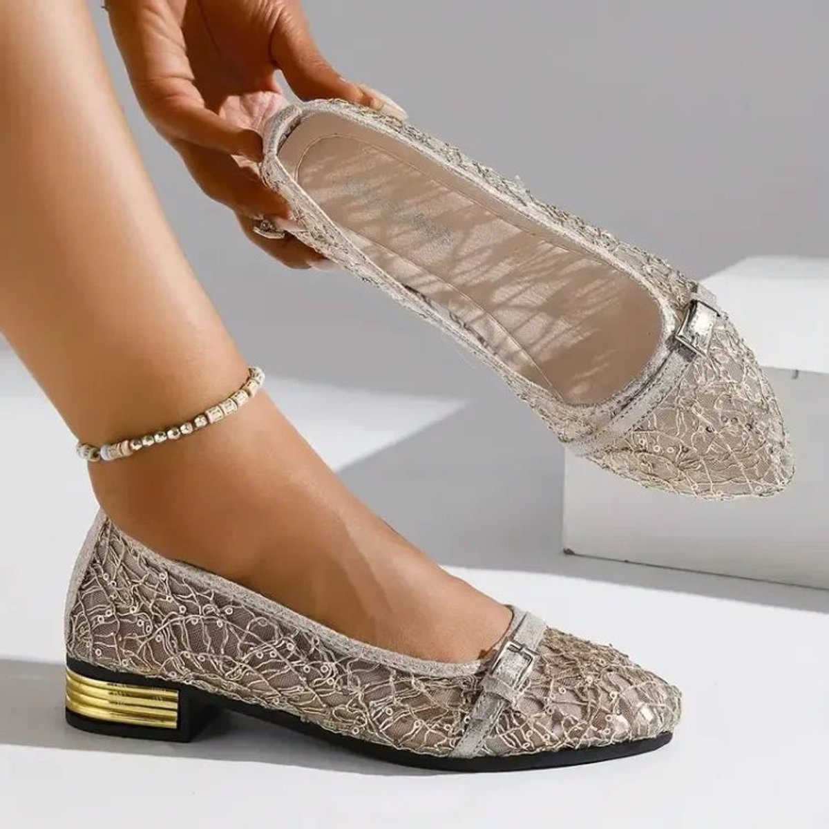 Women's Lace Mesh Square-Toe Block-Heel Loafers