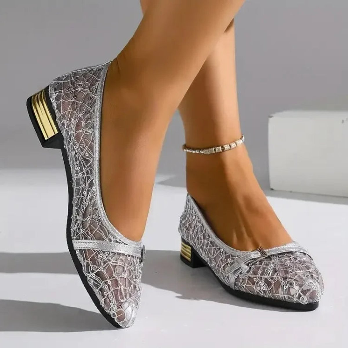 Women's Lace Mesh Square-Toe Block-Heel Loafers