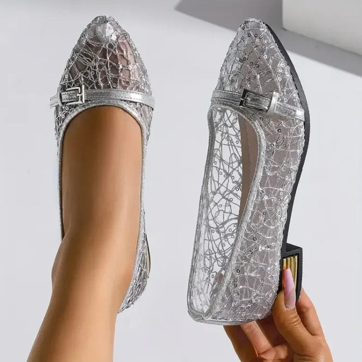 Women's Lace Mesh Square-Toe Block-Heel Loafers - Silver